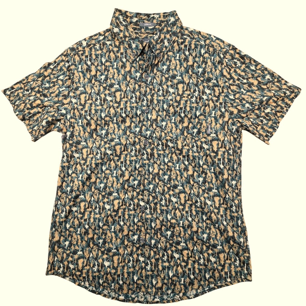 Eddie Bauer Mens Short Sleeve Button Down Shirt Fly Fishing Lure Print Teal M